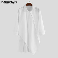 INCERUN 2022 Men Irregular Shirts Lapel Button Long Sleeve Chic Solid Color Camisa Fashion Dress Shirts Slim Long Tops Plus Size