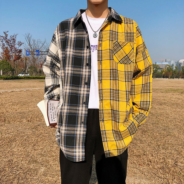 LAPPSTER Men Oversized Cotton Plaid Shirt 2022 Man Hip Hop Patchwork Button Up Long Sleeve Shirt Couple Korean Harajuku Clothing