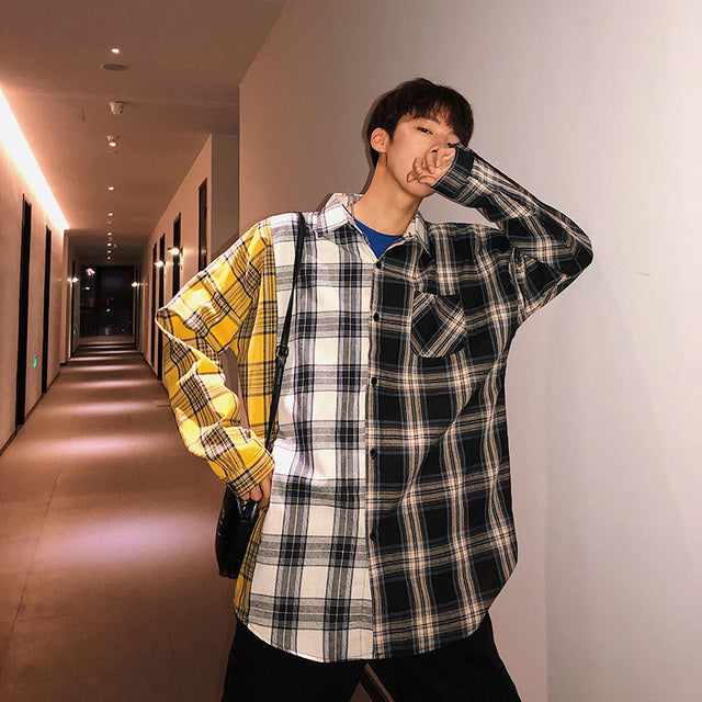 LAPPSTER Men Oversized Cotton Plaid Shirt 2022 Man Hip Hop Patchwork Button Up Long Sleeve Shirt Couple Korean Harajuku Clothing