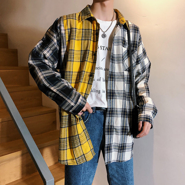 LAPPSTER Men Oversized Cotton Plaid Shirt 2022 Man Hip Hop Patchwork Button Up Long Sleeve Shirt Couple Korean Harajuku Clothing