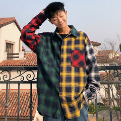 LAPPSTER Men Oversized Cotton Plaid Shirt 2022 Man Hip Hop Patchwork Button Up Long Sleeve Shirt Couple Korean Harajuku Clothing
