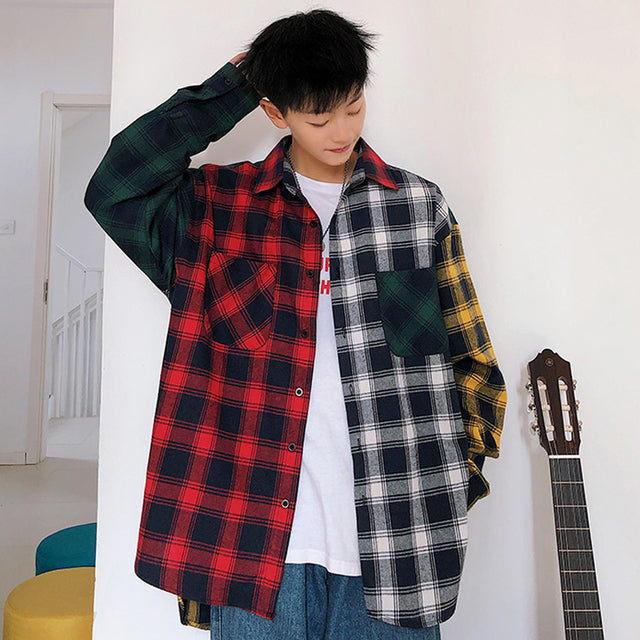 LAPPSTER Men Oversized Cotton Plaid Shirt 2022 Man Hip Hop Patchwork Button Up Long Sleeve Shirt Couple Korean Harajuku Clothing