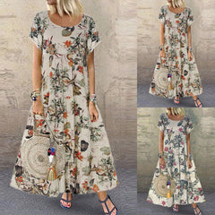 Plus Size Short Sleeve Linen Floral Print Long Dress