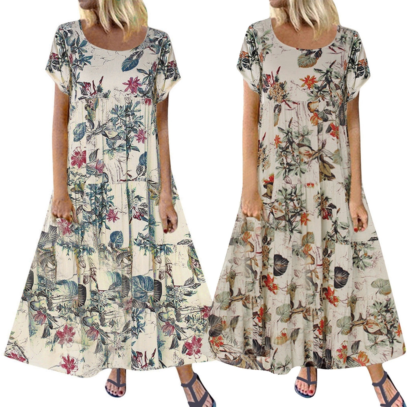 Plus Size Short Sleeve Linen Floral Print Long Dress