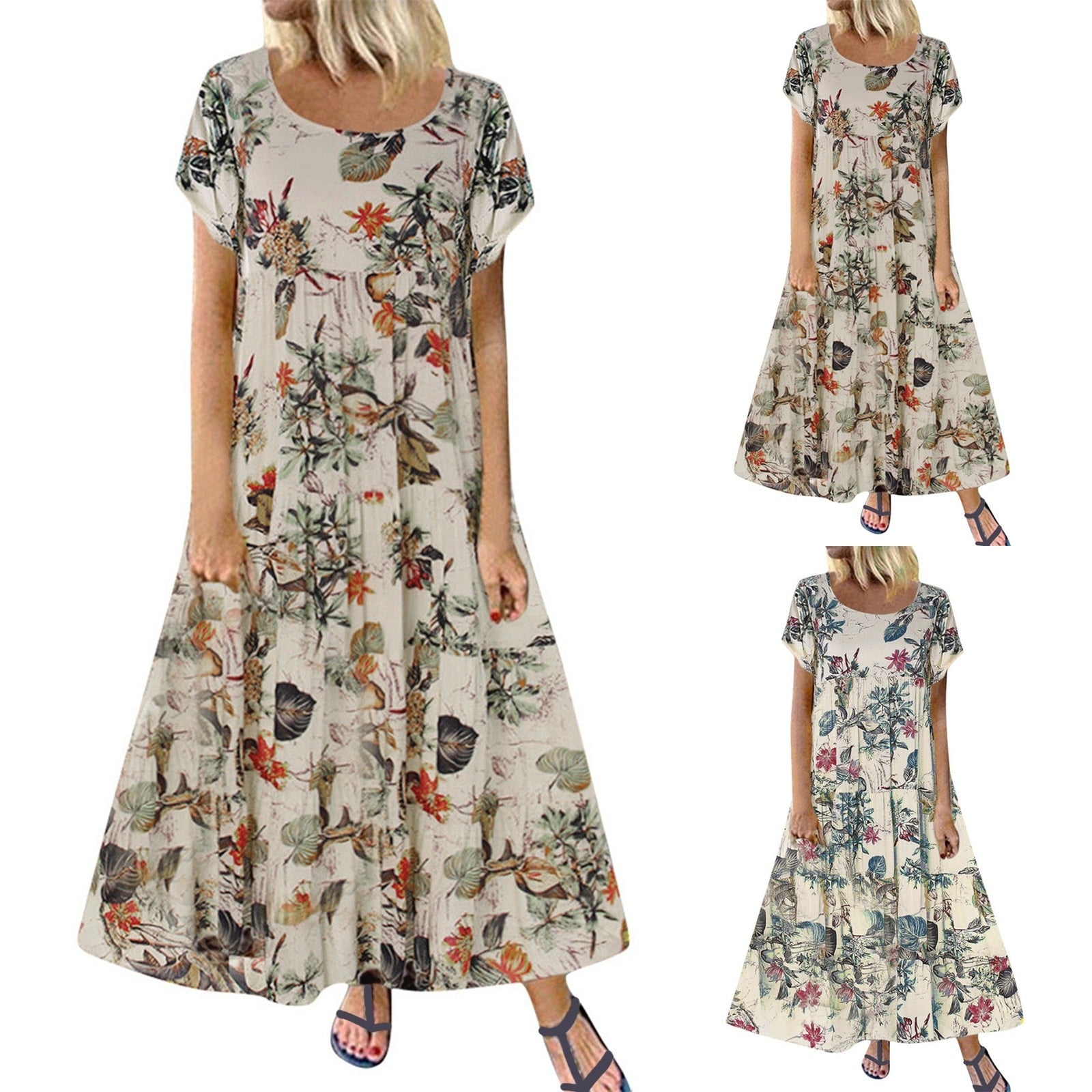 Plus Size Short Sleeve Linen Floral Print Long Dress