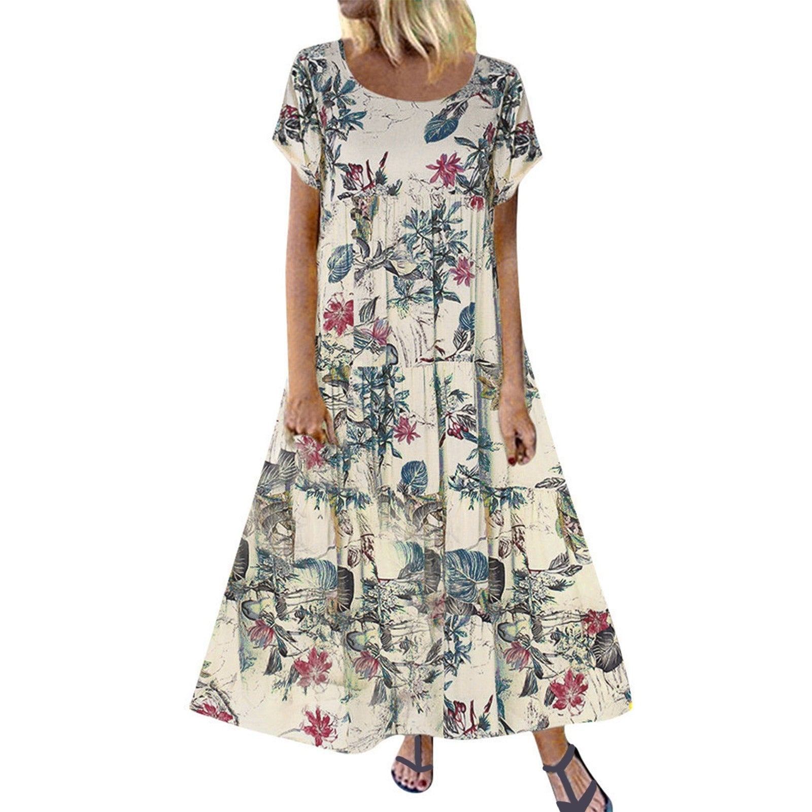 Plus Size Short Sleeve Linen Floral Print Long Dress