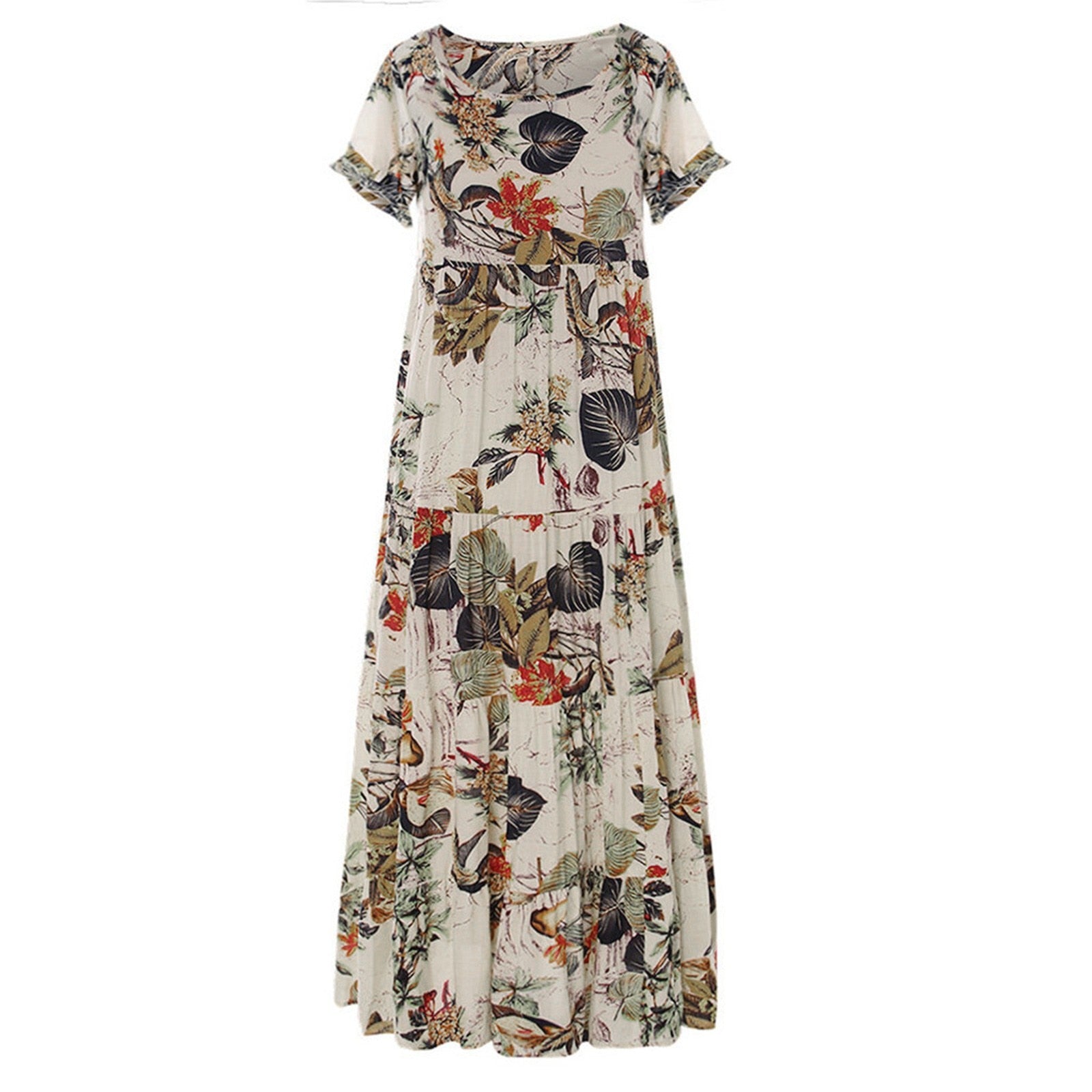 Plus Size Short Sleeve Linen Floral Print Long Dress