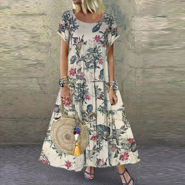 Plus Size Short Sleeve Linen Floral Print Long Dress