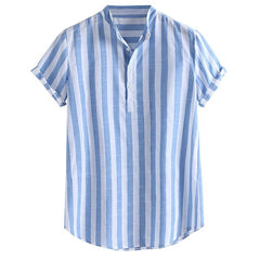 Mens Striped Cotton Linen Shirts Summer Fashion Casual Shirt Henry Collar Loose Simple Short Sleeve Casual Buttons T-hirt