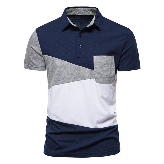 Triangle Color Matching Short Sleeve Polo T-ShirtDescription:Applicable Scene: CasualSleeve Length(cm): ShortStyle: CasualApplicable Season: summerMaterial: CottonType: RegularGender: MENTops Type: PolosDecoration: