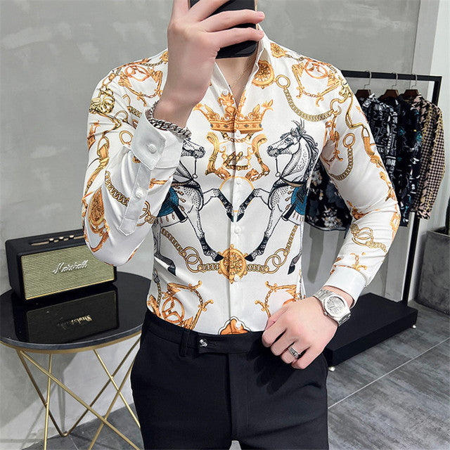 Mens Vintage Print Long Sleeve Shirt New Fashion Hawaiian Slim Fit Striped Shirts