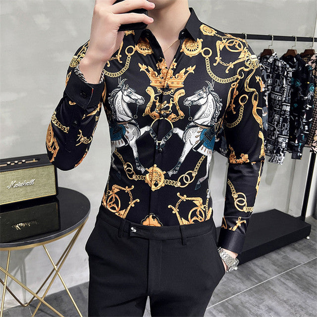 Mens Vintage Print Long Sleeve Shirt New Fashion Hawaiian Slim Fit Striped Shirts