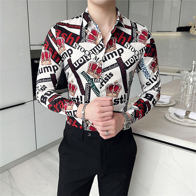 Mens Vintage Print Long Sleeve Shirt New Fashion Hawaiian Slim Fit Striped Shirts