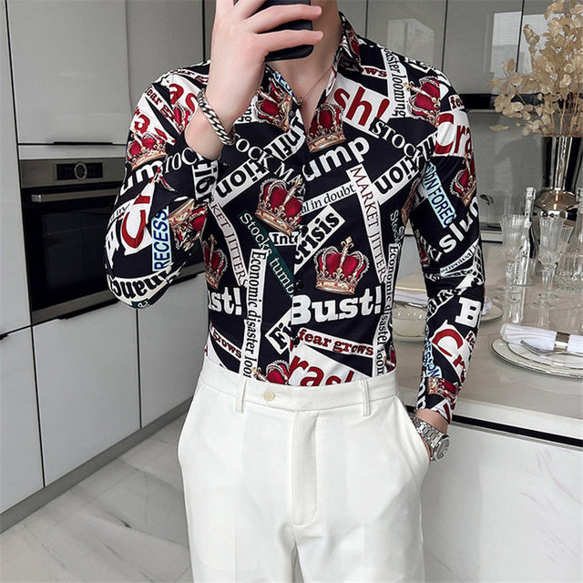 Mens Vintage Print Long Sleeve Shirt New Fashion Hawaiian Slim Fit Striped Shirts