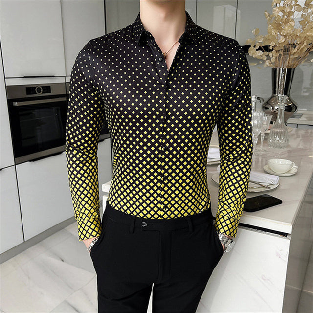 Mens Vintage Print Long Sleeve Shirt New Fashion Hawaiian Slim Fit Striped Shirts