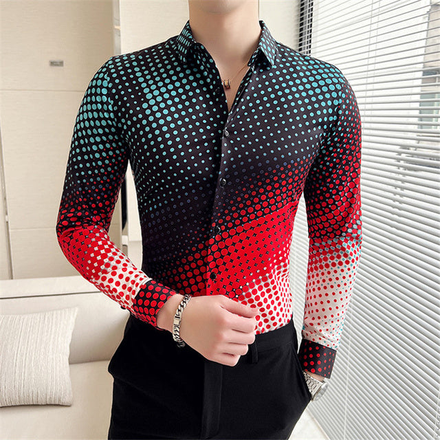 Mens Vintage Print Long Sleeve Shirt New Fashion Hawaiian Slim Fit Striped Shirts