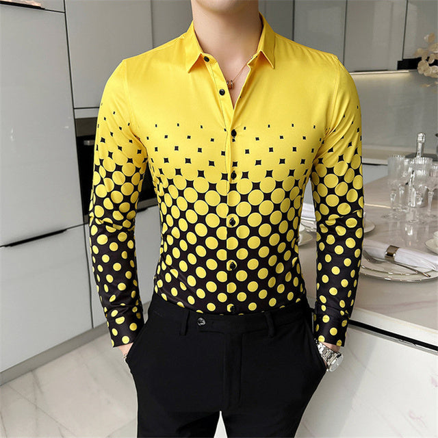 Mens Vintage Print Long Sleeve Shirt New Fashion Hawaiian Slim Fit Striped Shirts