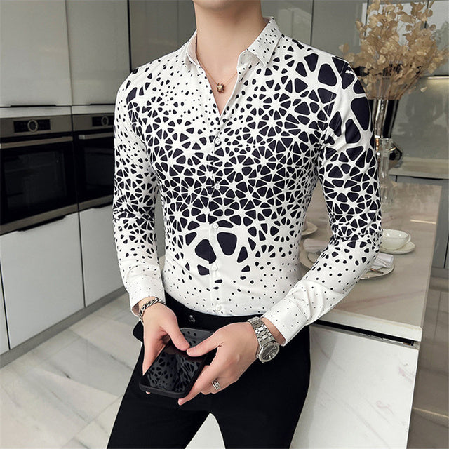 Mens Vintage Print Long Sleeve Shirt New Fashion Hawaiian Slim Fit Striped Shirts