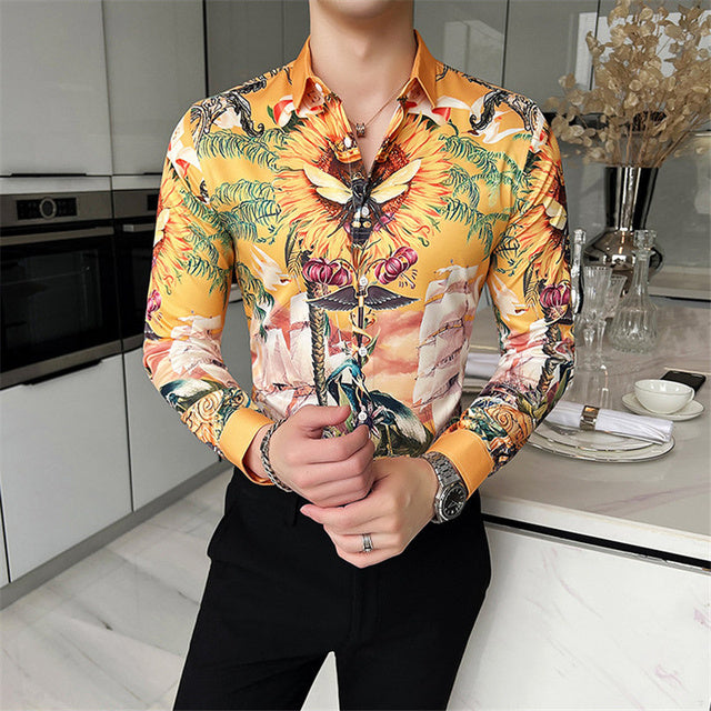 Mens Vintage Print Long Sleeve Shirt New Fashion Hawaiian Slim Fit Striped Shirts