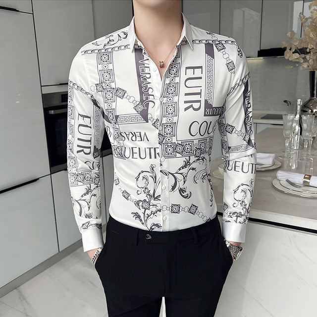 Luxury Long Sleeve Mens Baroque Shirts Dress Autumn Party Prom Wear Slim Fit Male Brand Clothing Striped Print Casual Shirt Men