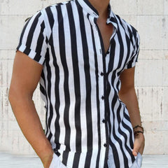 Men Shirt 2022 Short Sleeve Shirt Stripes Pattern All-match Stand Collar T Shirts for Men Sleeve Casual Shirt Blouse Top рубашка