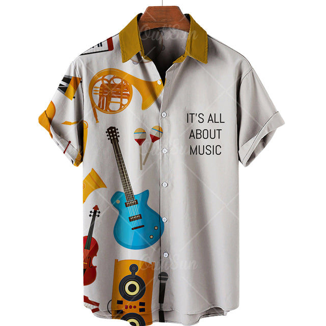 Men&#39;s Hawaiian Shirts For Men Casual Musical Instruments 3D Printed Shirts Loose Short-sleeve Beach Blouses Tops Camicias Hot