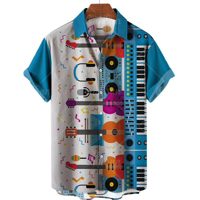 Men&#39;s Hawaiian Shirts For Men Casual Musical Instruments 3D Printed Shirts Loose Short-sleeve Beach Blouses Tops Camicias Hot
