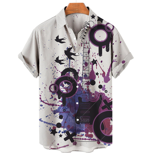 Men&#39;s Hawaiian Shirts For Men Casual Musical Instruments 3D Printed Shirts Loose Short-sleeve Beach Blouses Tops Camicias Hot